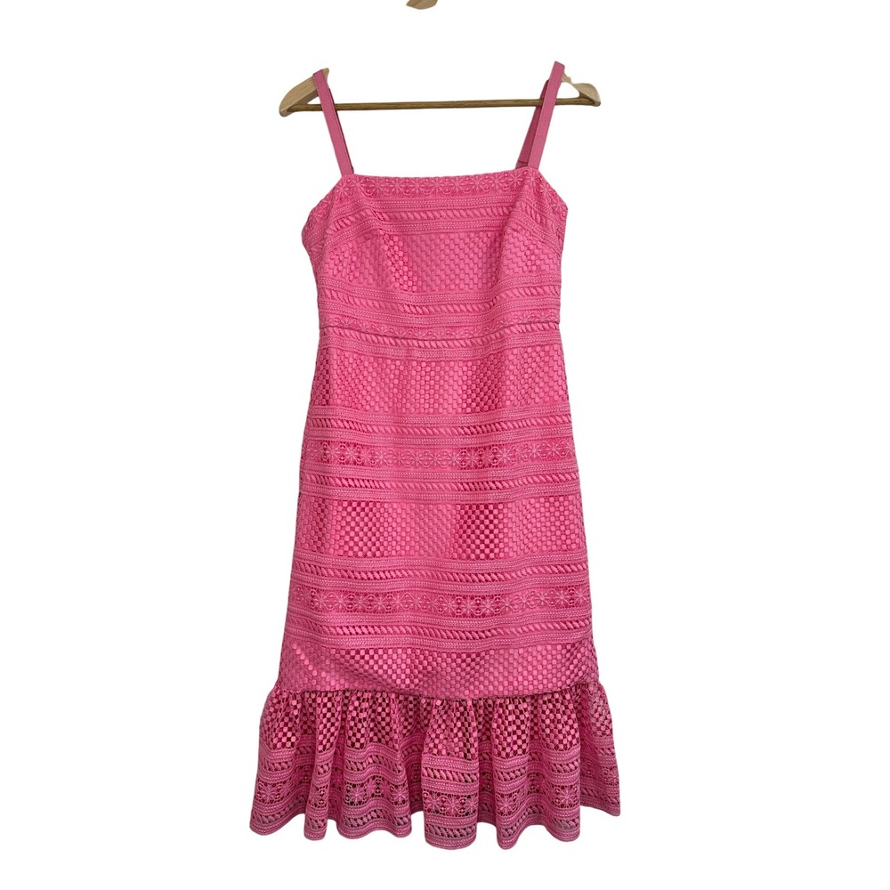 J.Crew Pink Lace Eyelet Ruffle Hem Midi Dress Summer Wedding Party Size 2 - Picture 2 of 5